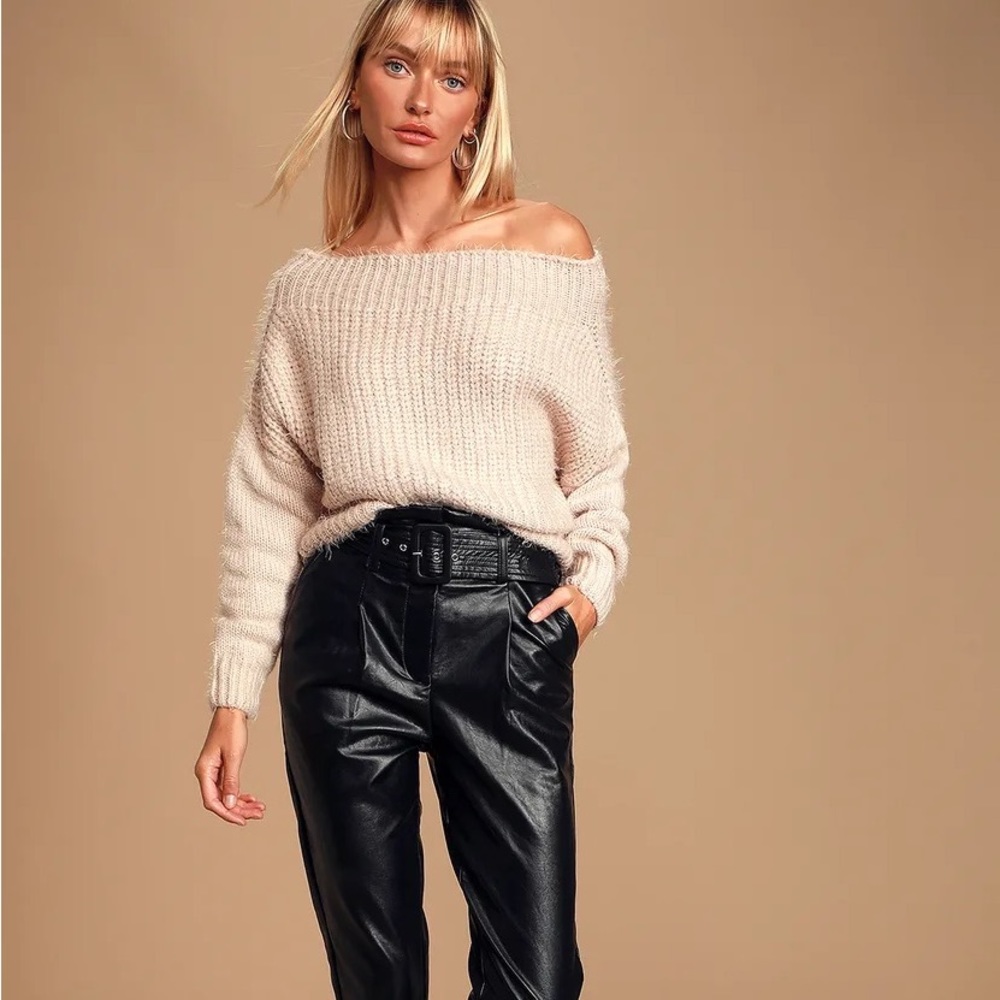 Lulu’s | Feeling It Pale Pink Eyelash Knit Off-the-Shoulder Sweater